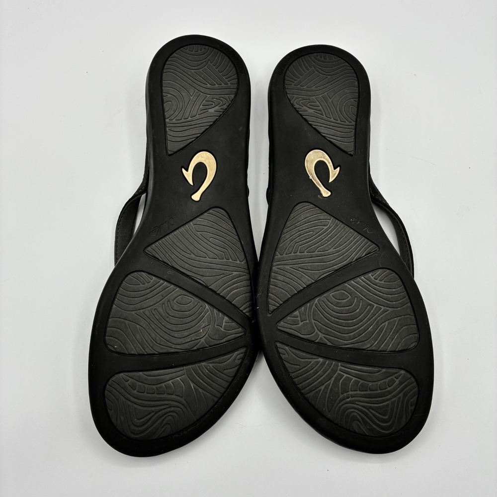 Olukai Flip Flops Womens 11 Ho'opio Black Leather Thong Flats Slip On Beach - Picture 9 of 10